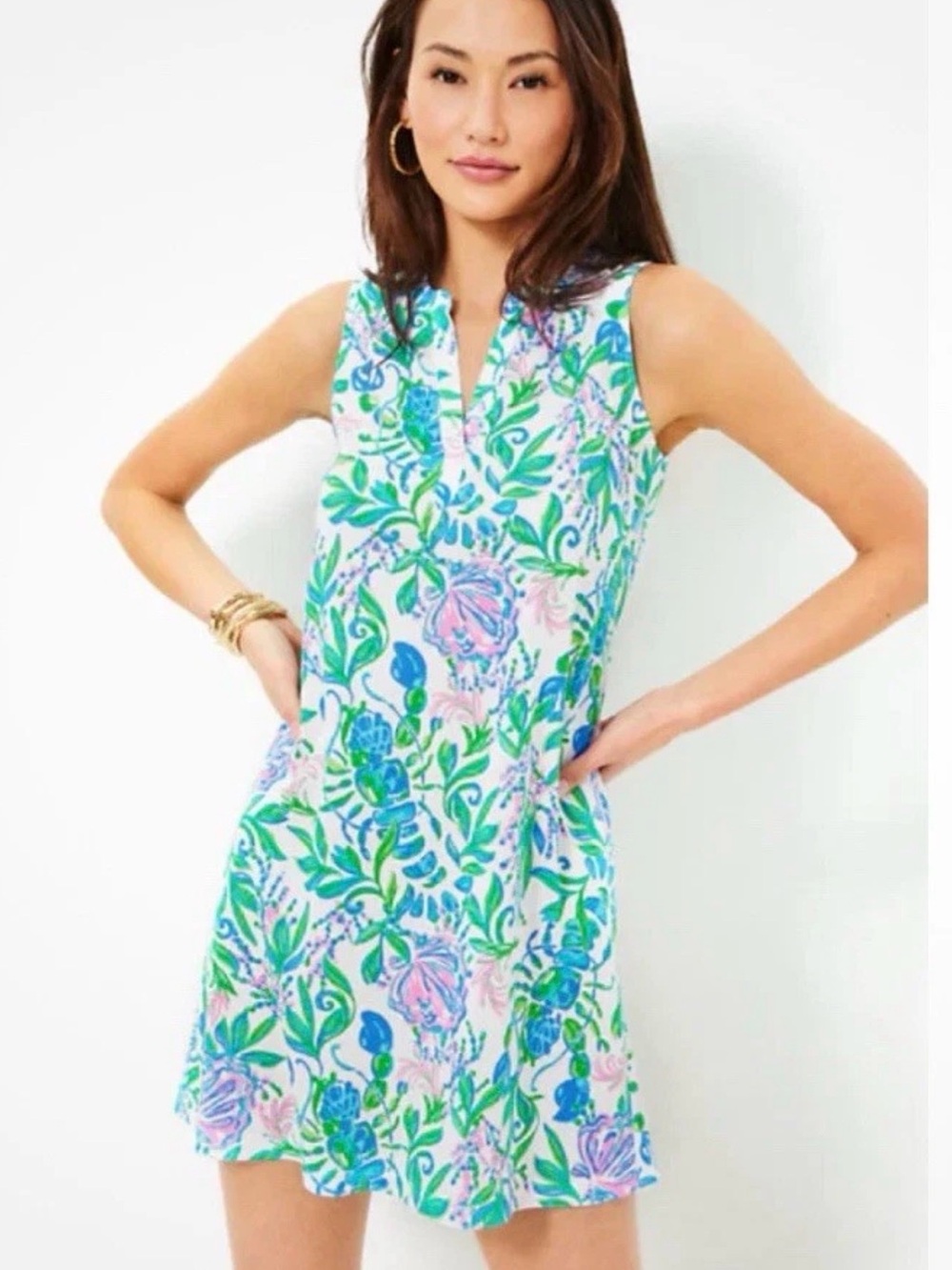 Lilly Pulitzer Sleeveless Floral Shift Dress in White, Pink, Blue & Green